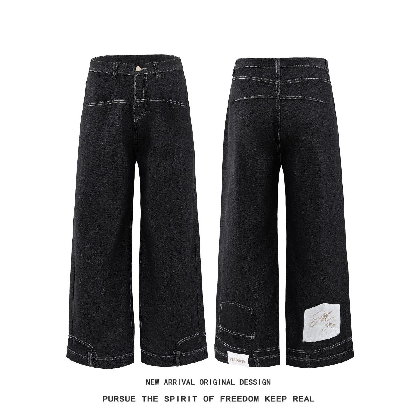 

Black Denim Inverted Knife Jeans Men's Counterintuitive Design Original Color Wash Baggy Wide Leg Floor-Length Pants