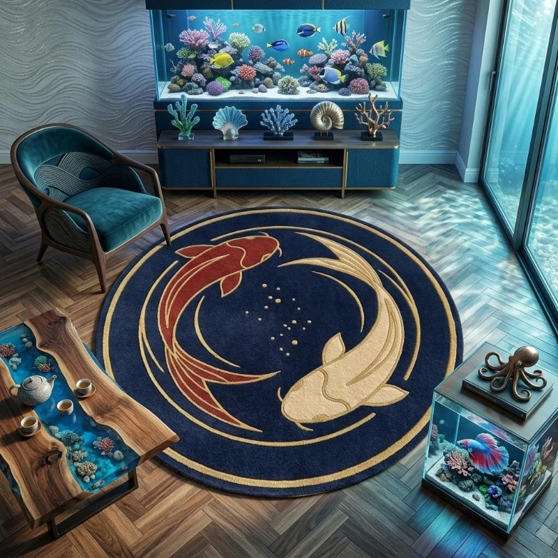 Red White Koi Fish Yin Yang Wave print Round Rug,Living Room Sofa Chair,Bedroom,Office Chair indoor decor Non Slip Rug Present