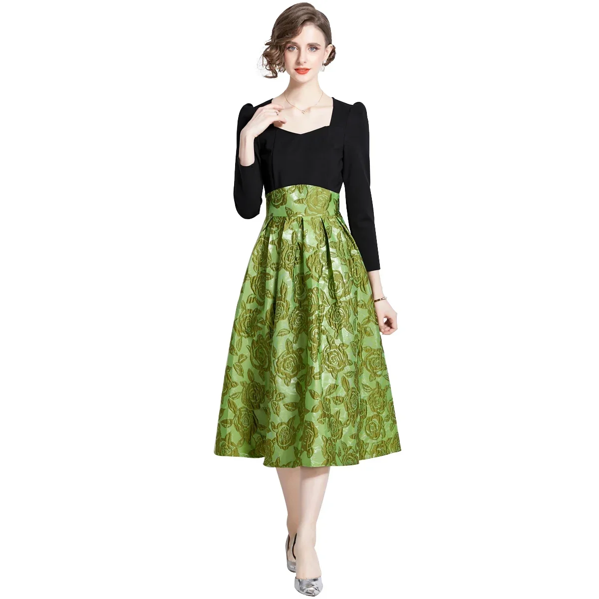 Good QualityAutumn And Winter High-grade Black Jacquard Mid-length Temperament Dress Vintage Sexy Skirt Women Clothing