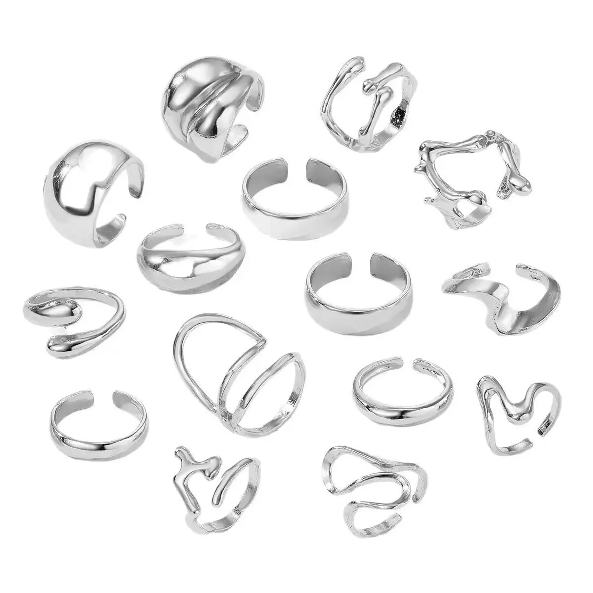 15PCS Cross-Border Punk Landscape Eing, Exaggerated Irregular Silver Thick Ring, Suitable For Hip Hop Men And Women Party Wear image 6