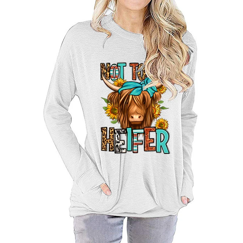 New Cattle Not Today Heifer Print Plus Size Tops Autumn And Winter Round Neck Clothes Women Loose Pure Color Pullover Sweatshirt