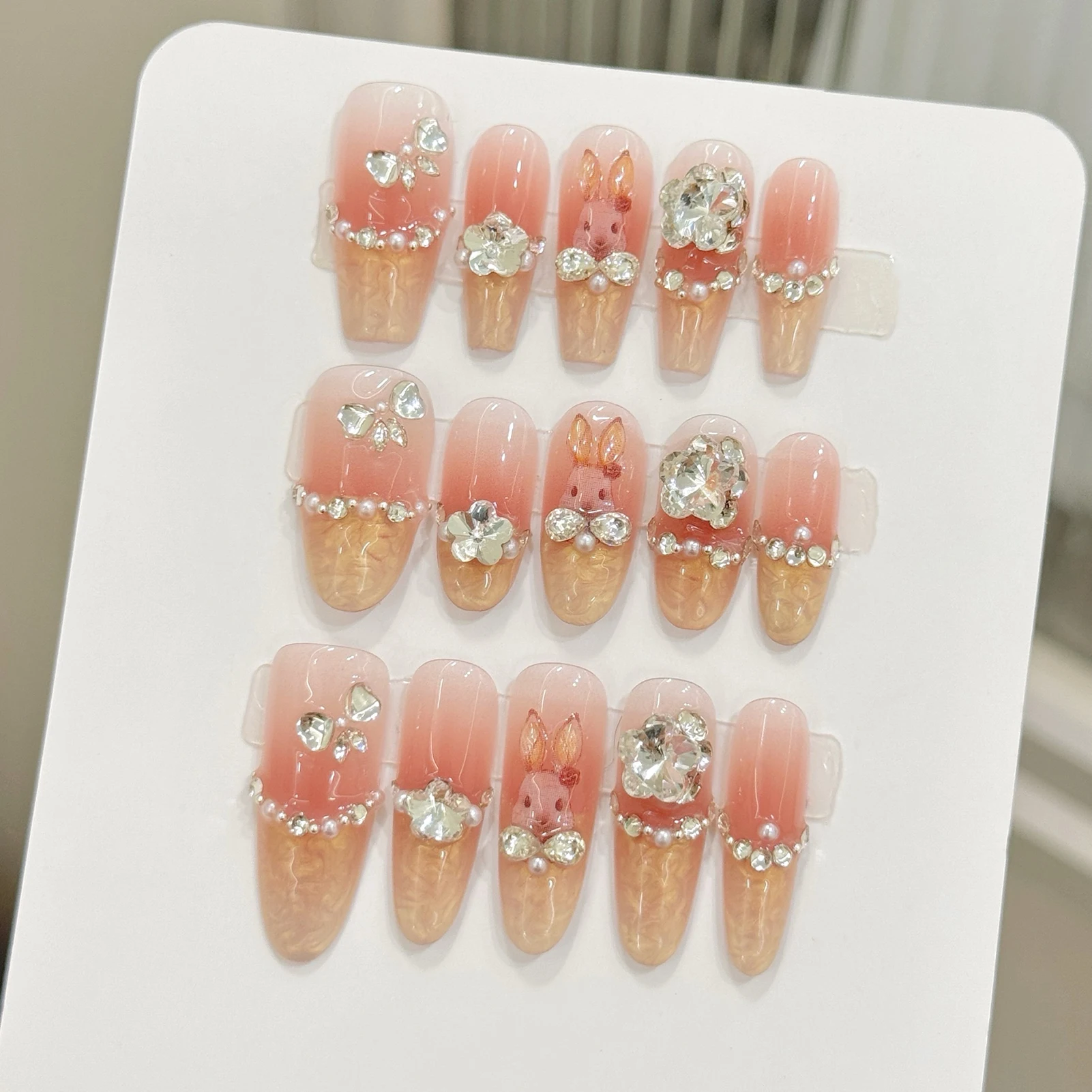 

10pcs Handmade Press On Nails Hand-painted Cute Cartoon Rabbit Rhinestone Blush Fake Nails Shiny Gold Cat Eye French False Nail