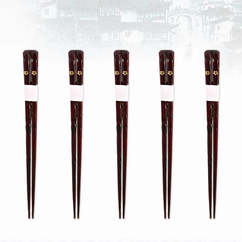 

5 Pairs/Box Solid Wood Cherry Blossom Chopsticks Sushi Chinese Food Reusable Dishwasher Safe Lightweight Environment