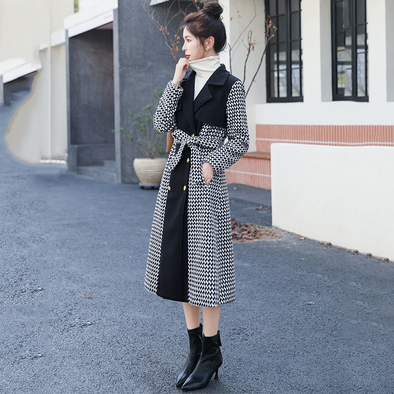 Veste longue en laine à carreaux pour femmes, vêtements d'extérieur décontractés coréens, manteau coupe-vent en laine à double boutonnage, vêtements pour femmes, nouveau, printemps, automne, 2024