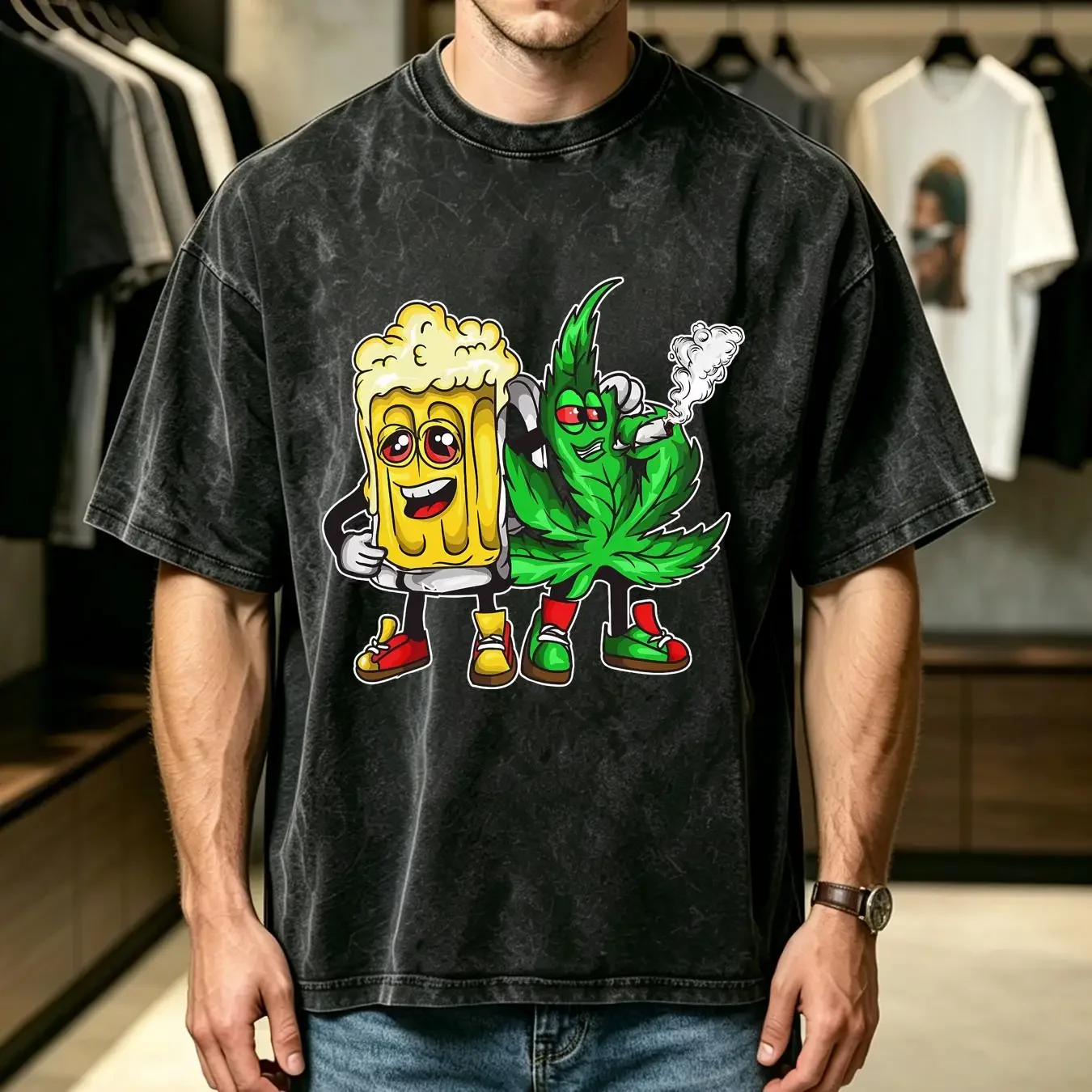 washed T Shirt NEW Funny Pot Leaf Bong Beer Drunk Smoke vintage Washed designer clothes graphic Top For Everyday Wear Stretched