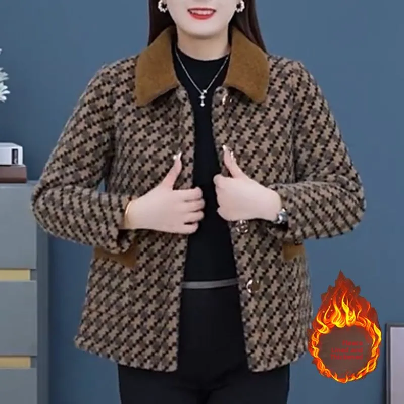 

Faionable Cheered Square Collar Outerwear for Middle-Aged And ly Women Autumn Winter Clothes Sli Lady's Coat