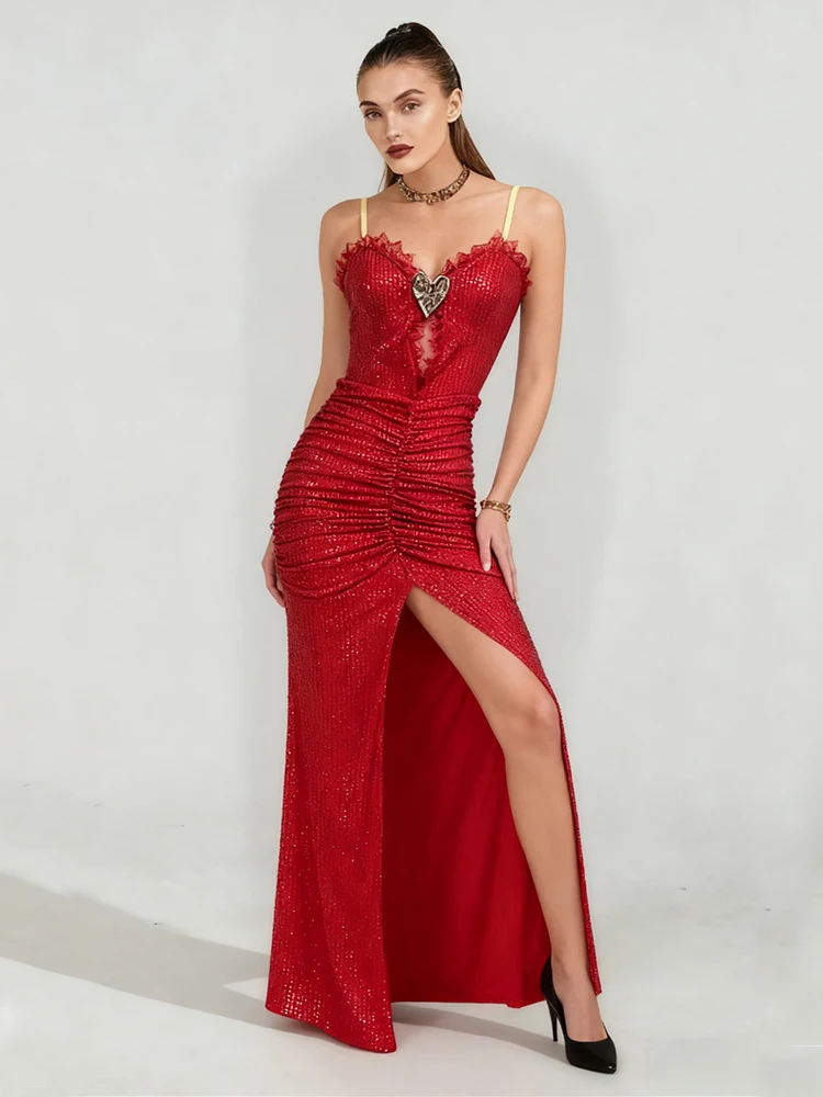 2025 مثير حزام الترتر طيات عالية سبليت فستان طويل المرأة الأخضر الترتر أكمام عارية الذراعين الدانتيل متابعة سليم فستان سهرة رسمي #4