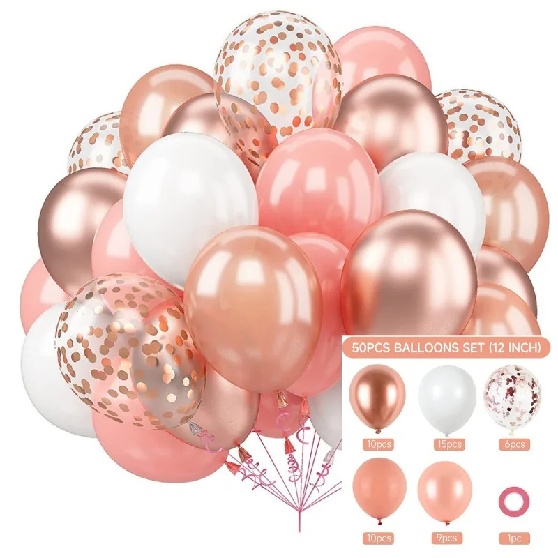 60 paquetes de 12 pulgadas para decoraciones de fiesta de cumpleaños, globos de boda para niñas y mujeres, rosa claro y blanco con globo de confeti