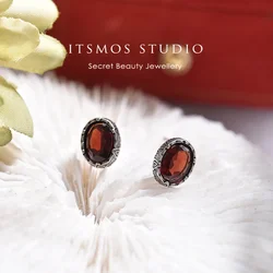 ITSMOS Genuine Garnet Stud Earrings Red Garnet Vintage Earrings Trendy Dainty Birthstone Stud Piercing Jewelry for Women