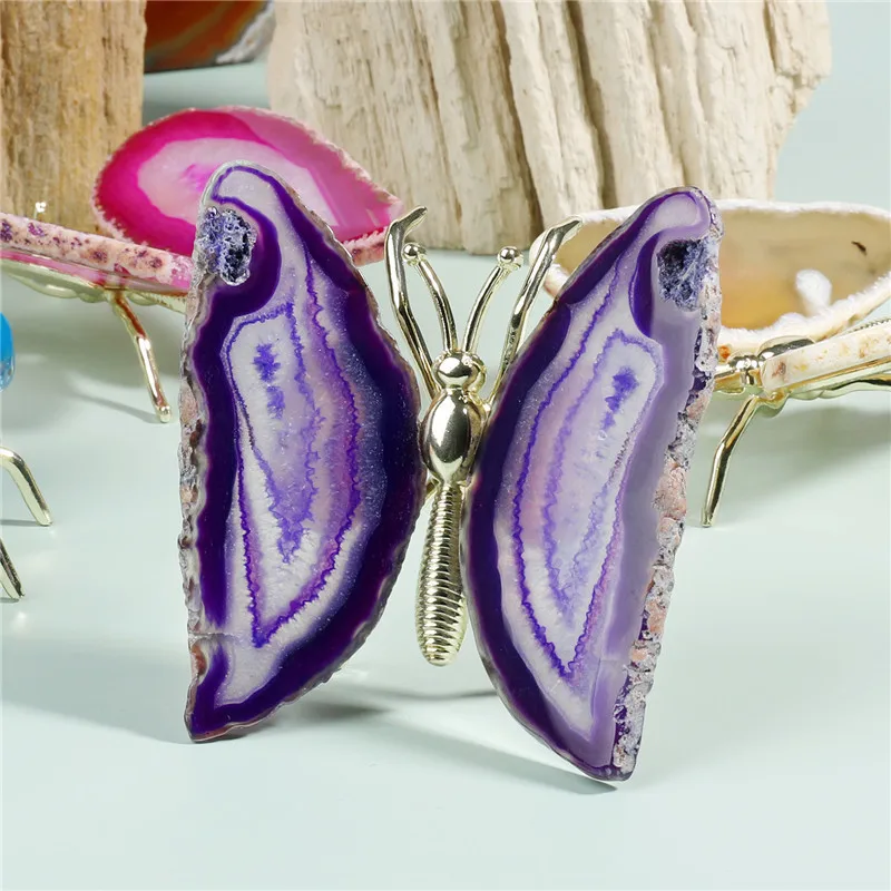 8-9cm New Natural Crystal Agate Tablet Original Stone Purple Pink Blue Butterfly Shaped Desktop Ornament Crafts Gifts