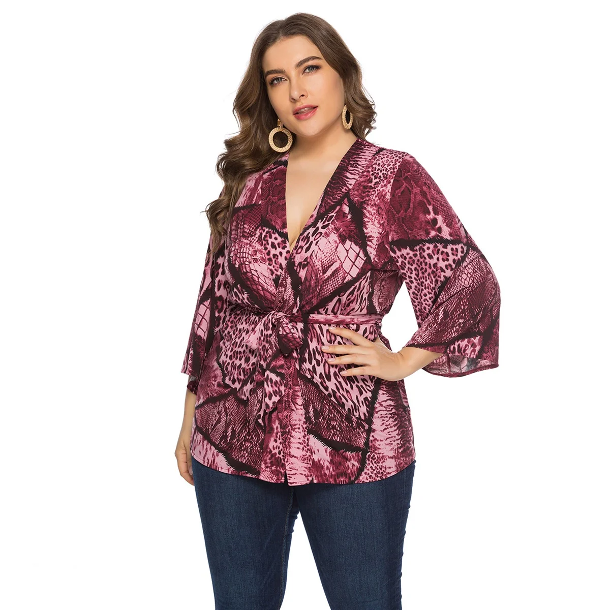 ملابس علوية نسائية بأكمام ثلاثة أرباع ، ملابس علوية غير رسمية برقبة على شكل حرف V ، مقاس كبير ، أزياء أنيقة ، كبيرة ، وصلت حديثًا #5