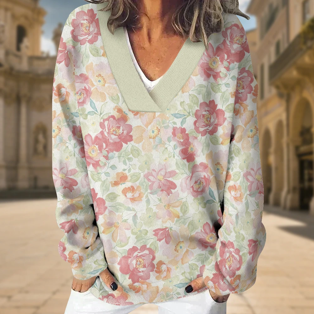 Felpa floreale Boho da donna Elegante pullover a maniche lunghe con scollo a V con fiori rosa blu Streetwear vintage Top oversize accoglienti