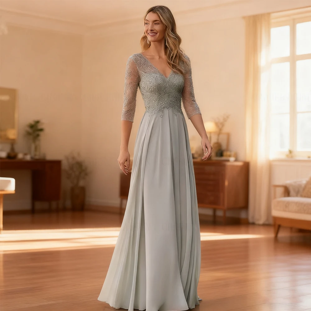 

Applique Chiffon Mother of the Bride Dresses 2025 V-Neck A-line Elegant Wedding Guest Gowns Long Dress Women For Wedding Party