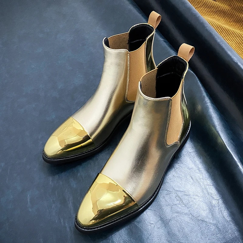 

Golden Chelsea Boots Men's Fashion Leather Boots Pointed Toe British Style Boots Business Black Luxury Shoes Slip-on Ankle Boots