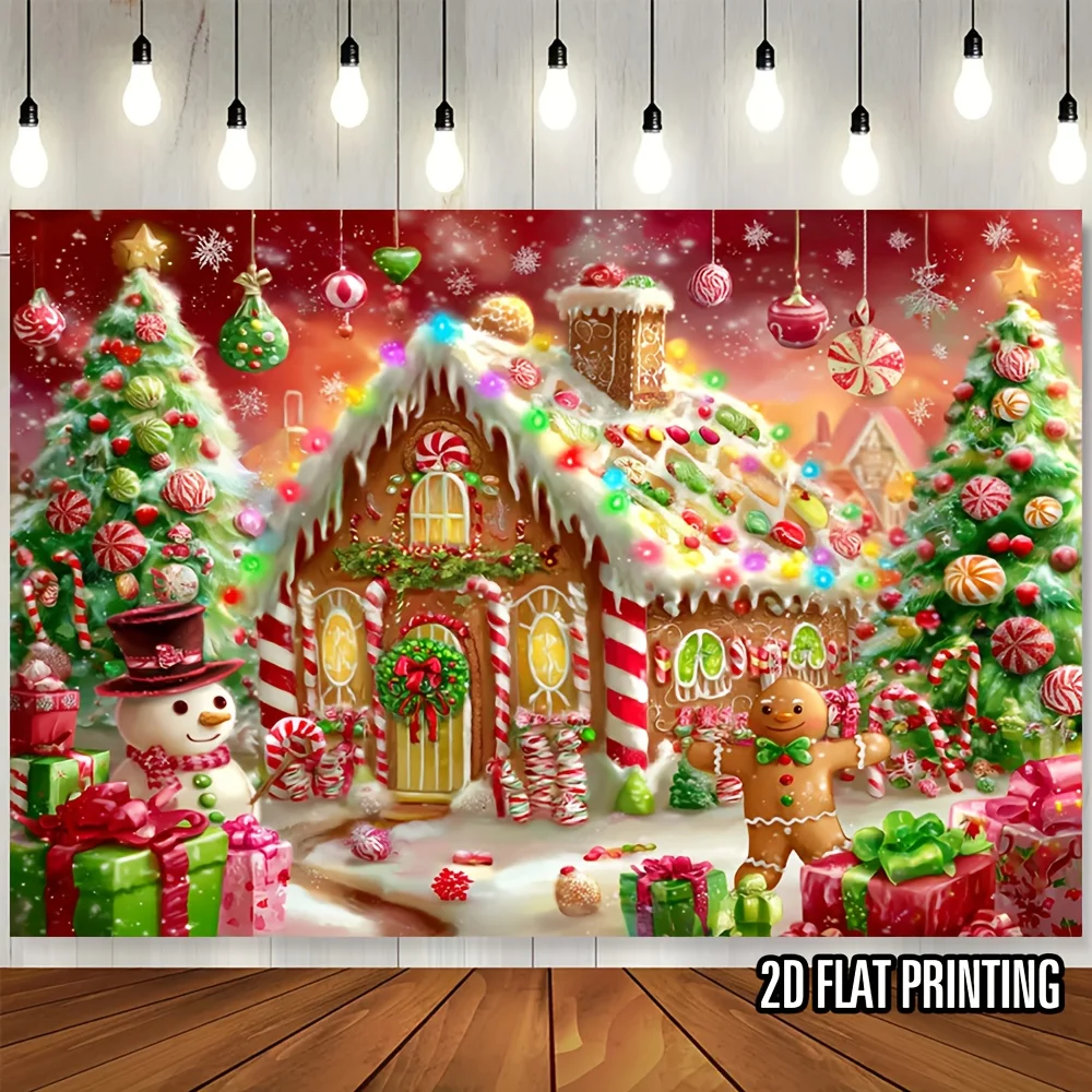 2D-Party-Banner-Hintergrund mit flachem Druck, Lebkuchenmann, Lutscher und Schneeflocke – Weihnachten, Geburtstag, Hochzeit
