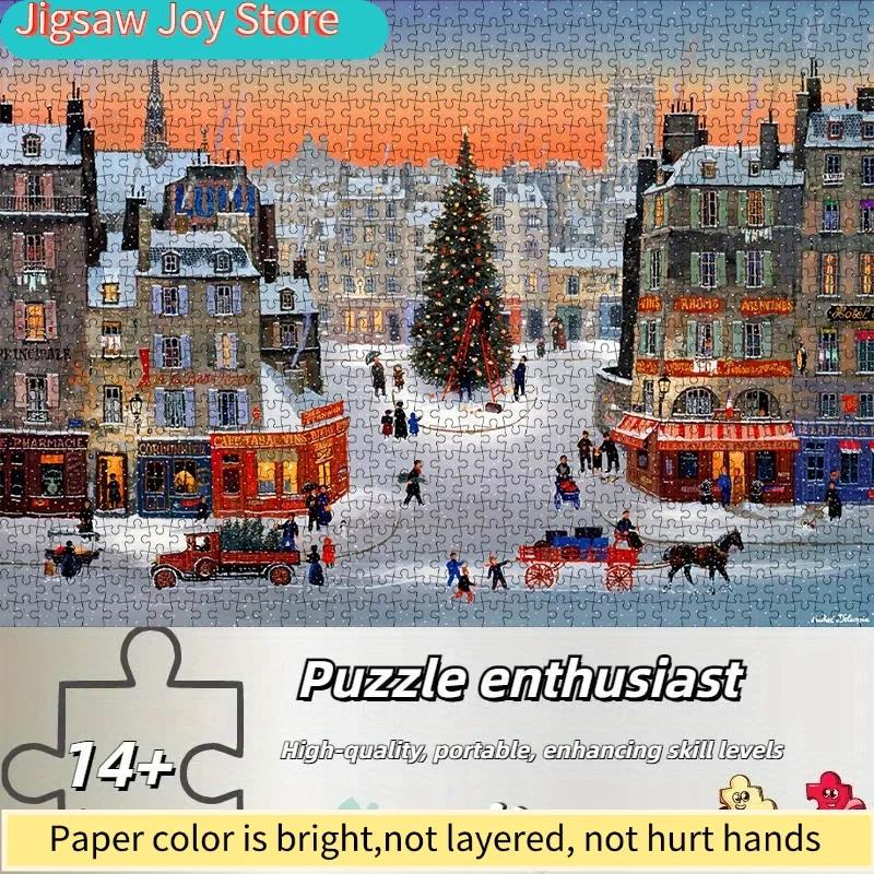 1000ピース DIY クリスマスジグソーパズル - 魅力的なパリの雪に覆われた街並み、赤い馬車とホリデーデコレーション付き、高品質の厚紙