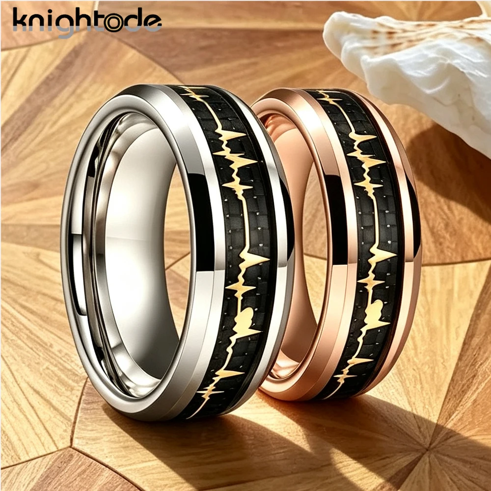 

8mm Tungsten Carbide Ring with Carbon Fiber Inlay Gold Plated EKG Heartbeat Design Wedding Band for Men And Women Anniversary