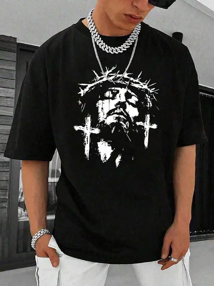 200g T Shirt / 1 Pcs T Shirt / 100% Polyester, Men's Round Neck Short Sleeve T Shirt, Jesus, Printing, Suitable For Summer