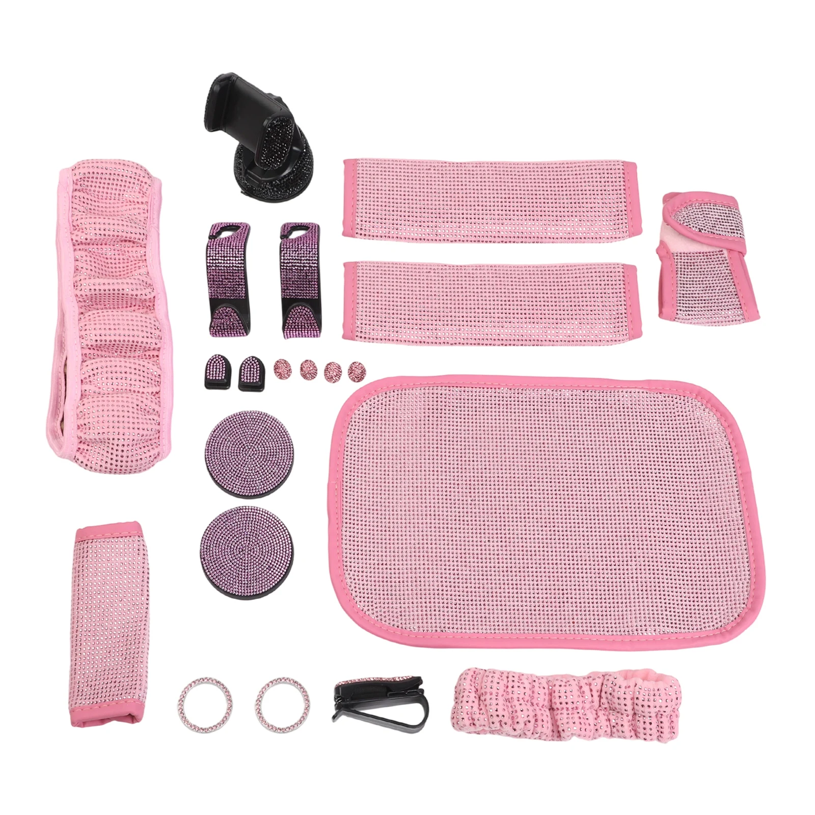 

21PCS Car Interior Kit Including Steering Wheel Cover Phone Holder and Rhinestone Coaster for Vehicle Enhancement