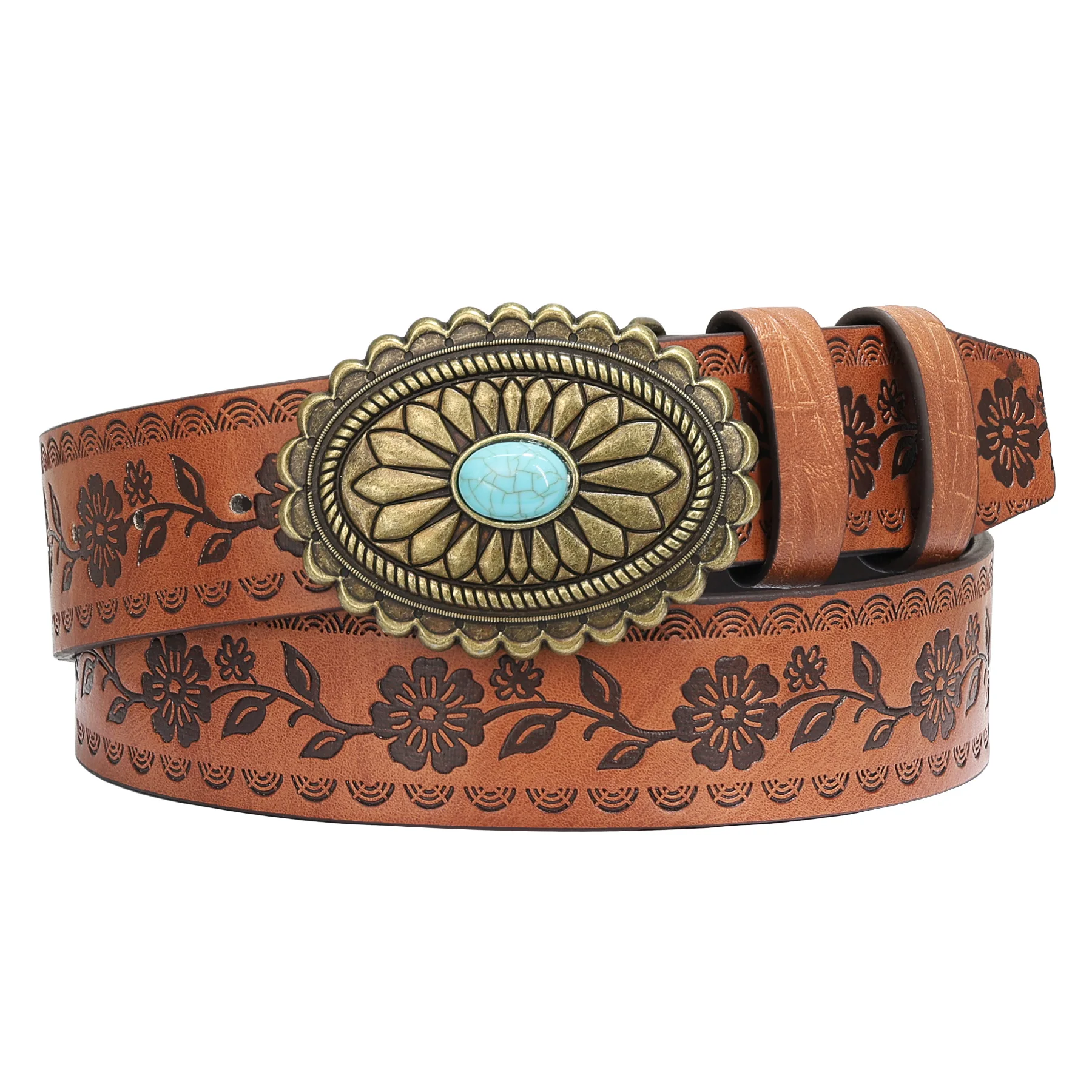 Women Vintage Western Belt for Cowgirl Cowboy, Embossed Floral Faux Leather Belt for Jeans Dresses