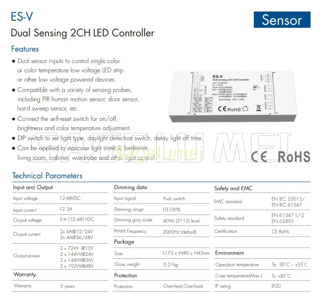 الاستشعار المزدوج ES-V 12-48VDC 2CH LED تحكم Skydance لشريط CCT أحادي اللون المطبق على ضوء الدرج غرفة نوم غرفة المعيشة #1