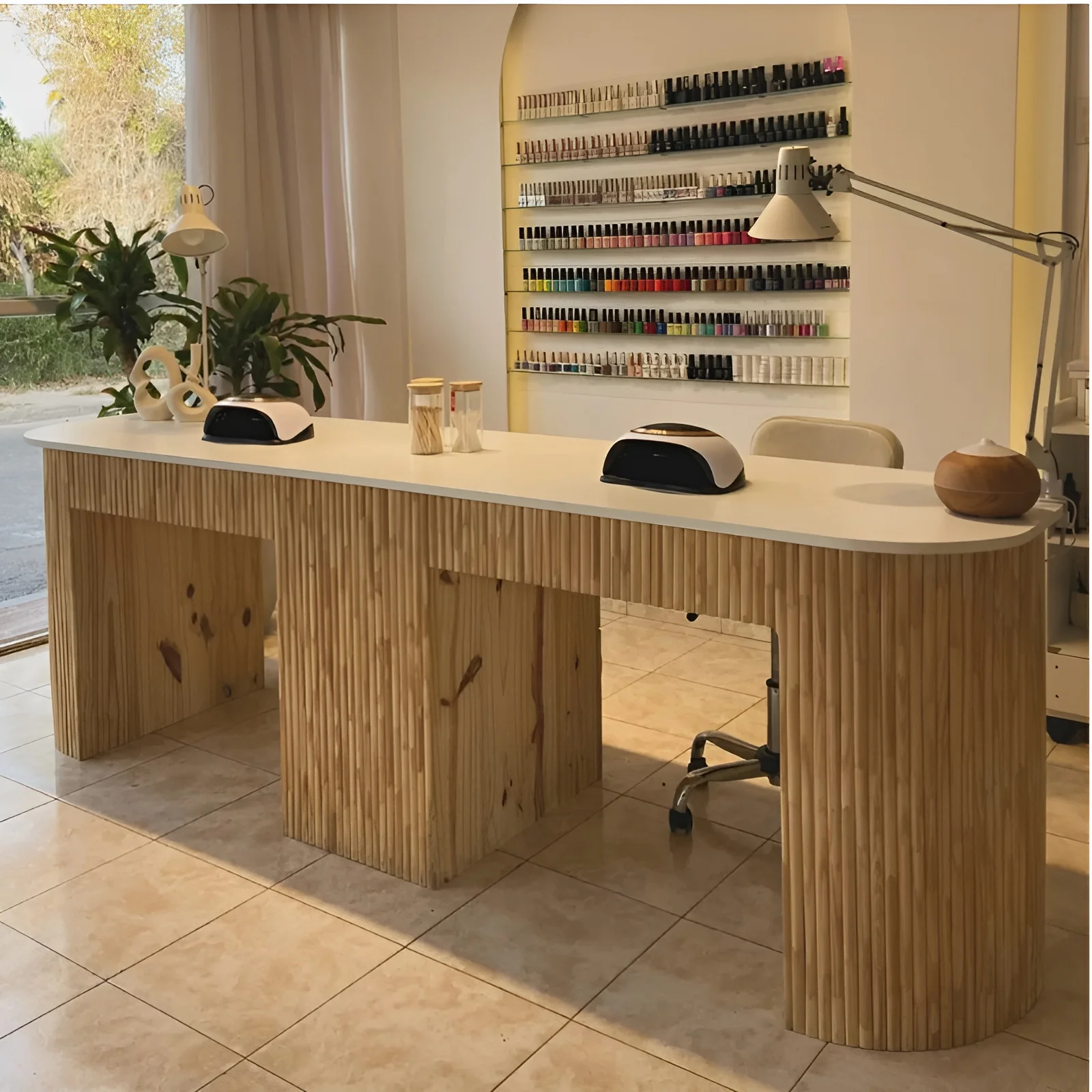M2  Modern Nail Shop Beauty Salon  Double Wood Manicure Table with Dust Collector, Socket, More Storage Nail Table