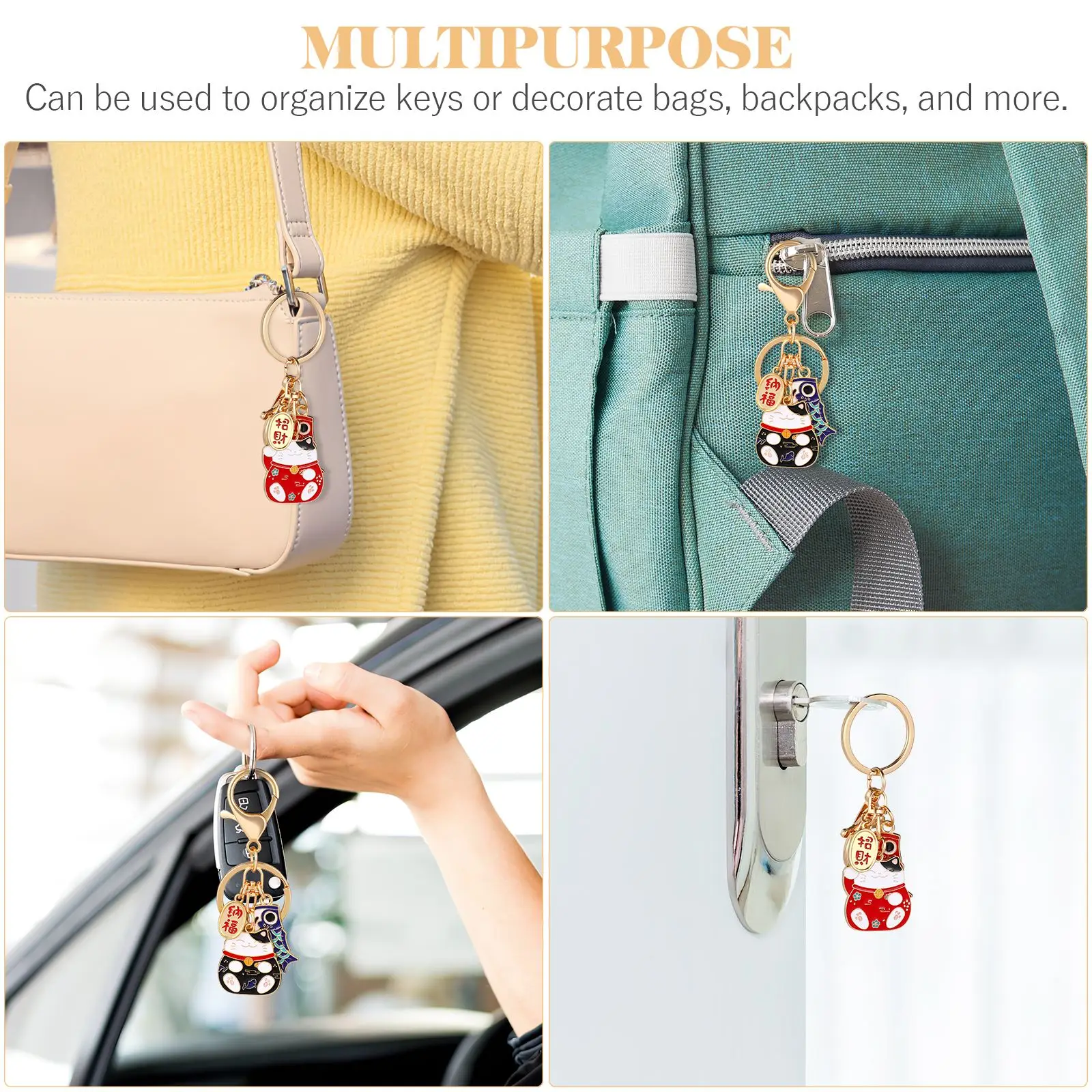 2 Pcs Japanese Style Cat Keychains Creative Fortune Cat-shape Pendants Keyrings Bag Charms