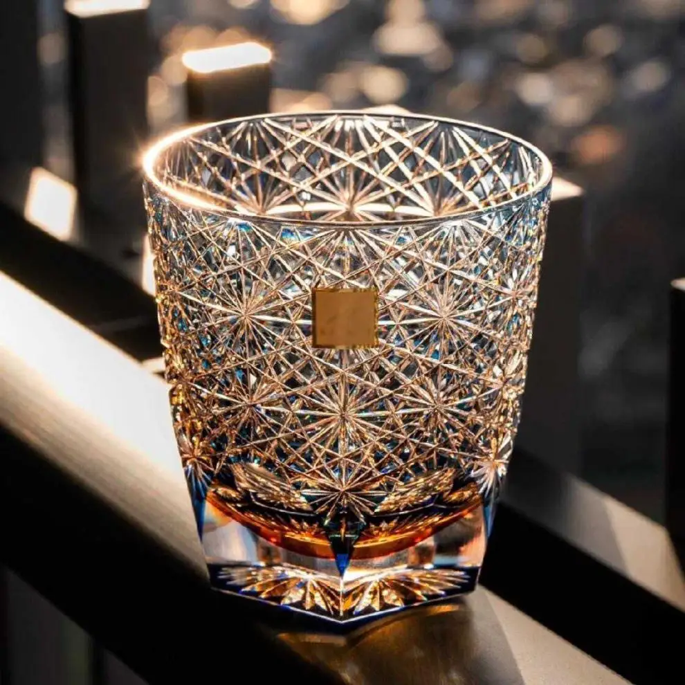 Edo Cut off Blue Daisy Cup Handmade Sake Cup High Borosilicate Glass Whiskey Cup High Beauty