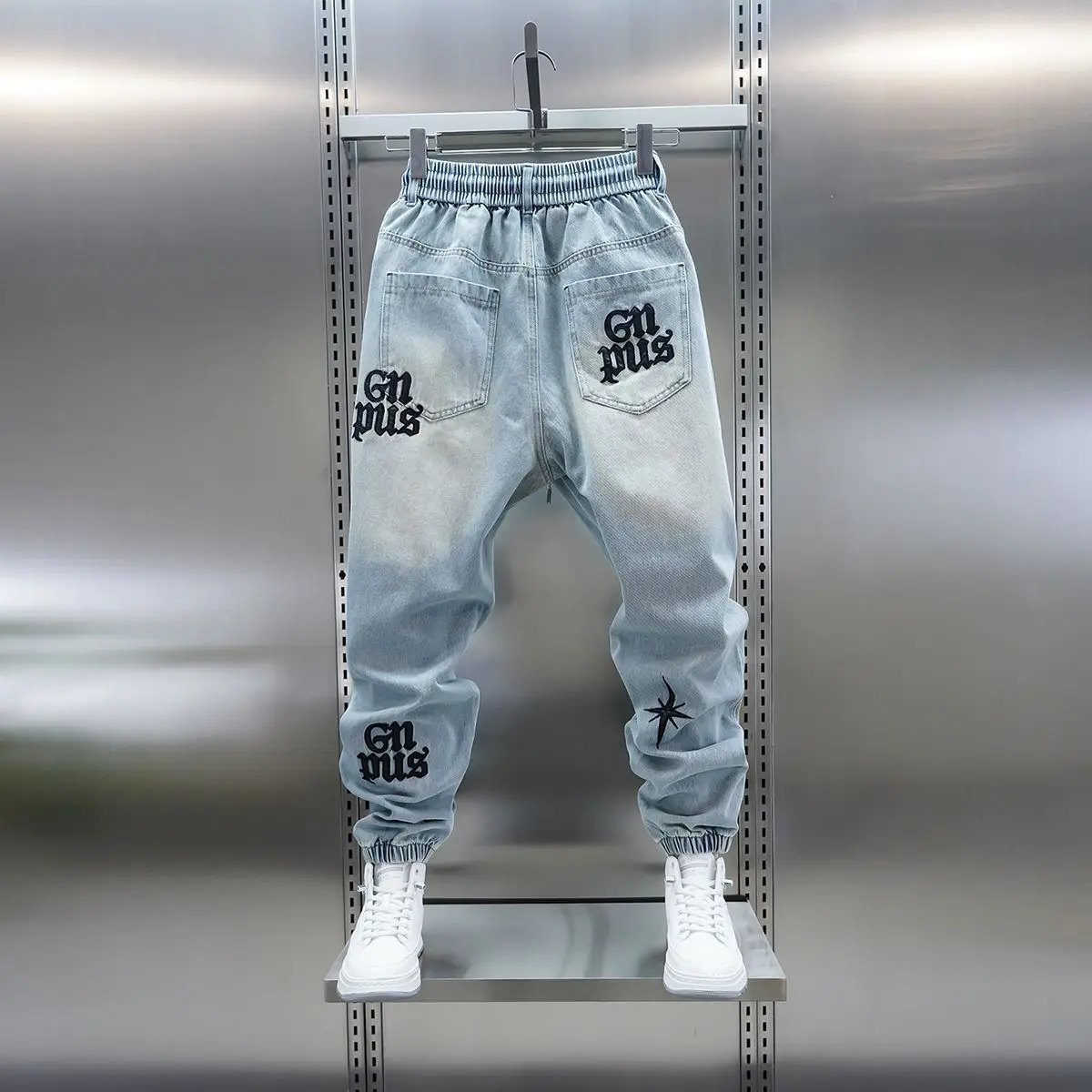 American high-street letter embroidered washed denim jeans fashion loose-fitting jogger harem pants slim-fit casual pants - Image 3