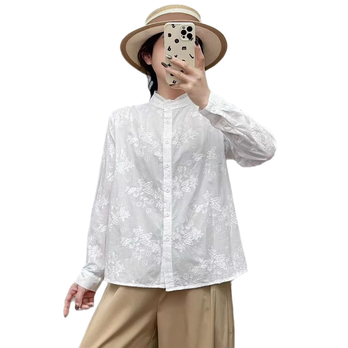 [مخزون جاهز] بلوزة نسائية عالية الجودة 100% قطن قميص موري سويت جاكار مطرز بأكمام طويلة وطية صدر السترة بلوزات ضيقة جديدة