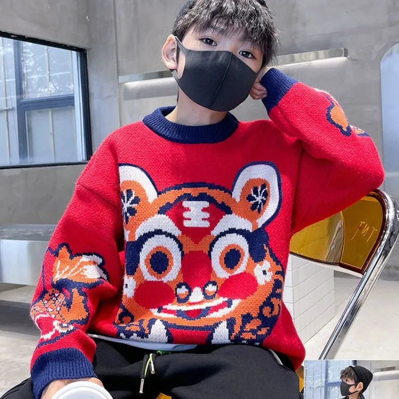 

2025 Autumn/Winter New Kids Unisex Sweater Thickened Fleece-Lined Cartoon Pullover Knitwear for Baby Boys & Girls, Trendy & Warm