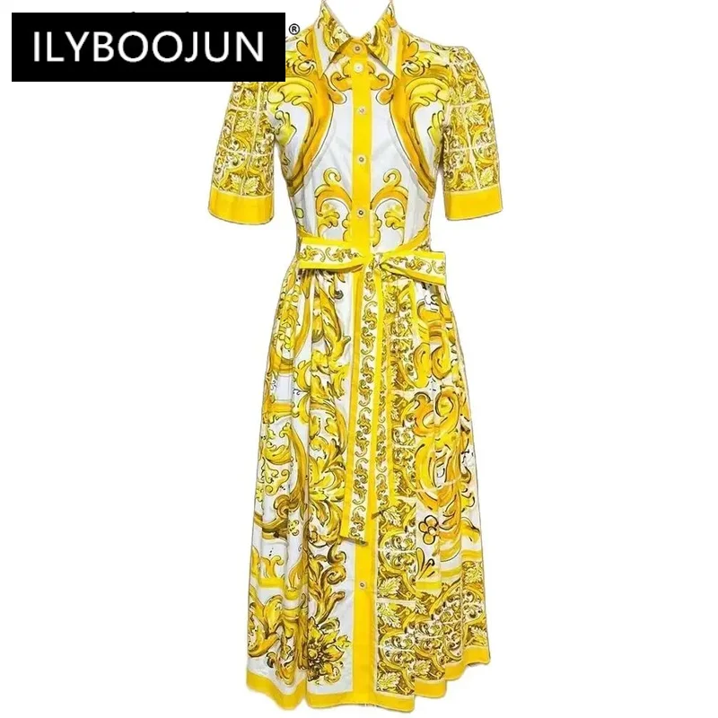 

ILYBOOJUN Summer Cotton Dress Women's Turn-down Collar Short Sleeve Lace-up Single Breasted Vintage Yellow Flower Print Dress