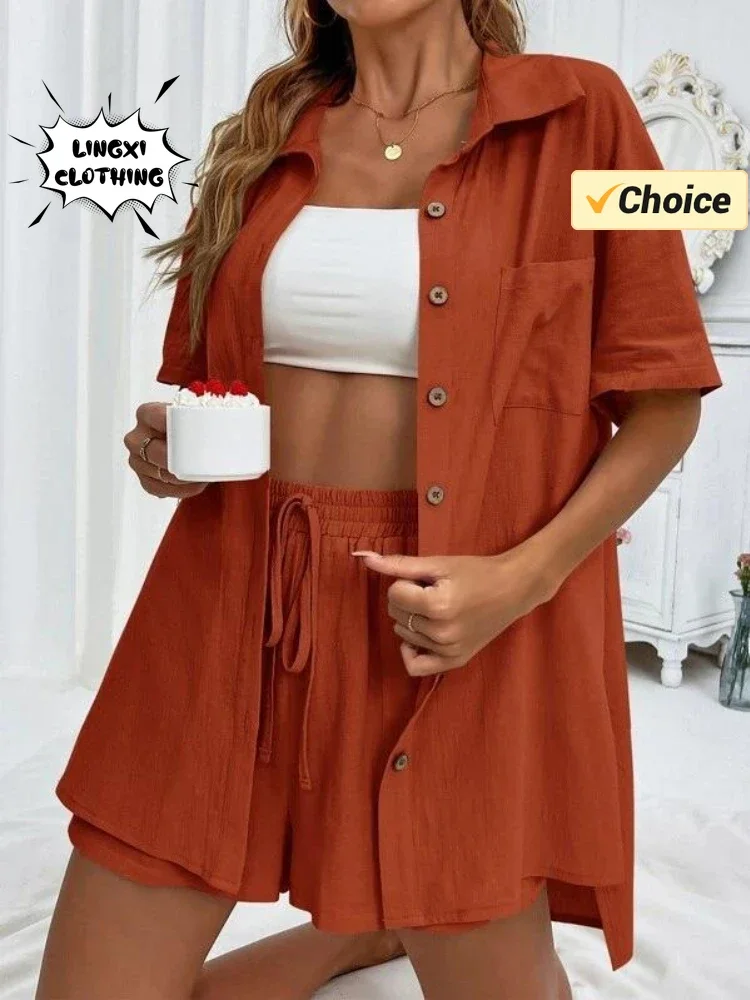 2024 Summer Fashion Sports Casual Cotton Linen Two Piece Set for Women\'s Single Breasted Shirt Elastic Waist Short Two Piece Set