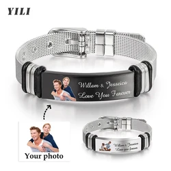 Personalized Picture Bracelet for Men Custom Stainless Steel Engraved Photo & Text Name Adjustable ID Bracelet Jewelry Gifts