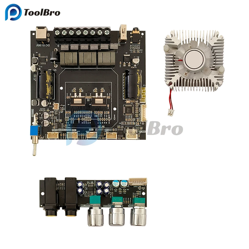 

2,1-канальный Bluetooth 5,0 микрофон звуковой усилитель AUX U-диск звуковая карта караоке плата усилителя мощности постоянного тока 15-36 В 220 Вт + 220 Вт + 350 Вт для динамика