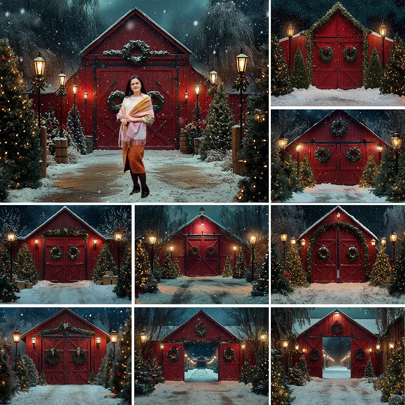 

LS Winter Xmas Red Barn Wooden Farm Door Backdrops Kids Adult Photography Props Baby Child Photocall Snowy Forest Backgrounds
