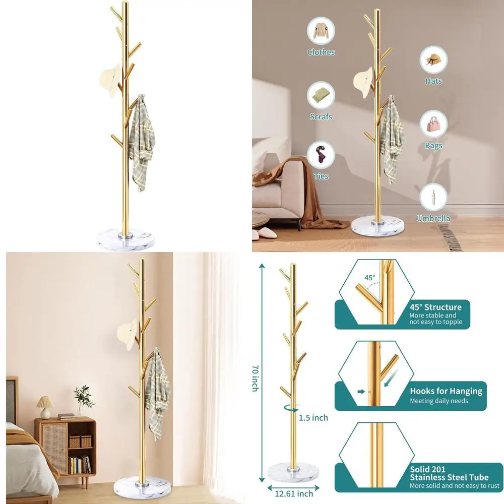 

Элегантная напольная вешалка для одежды с 8 крючками, основанием из натурального мрамора, для прихожей и коридора (золотистая)