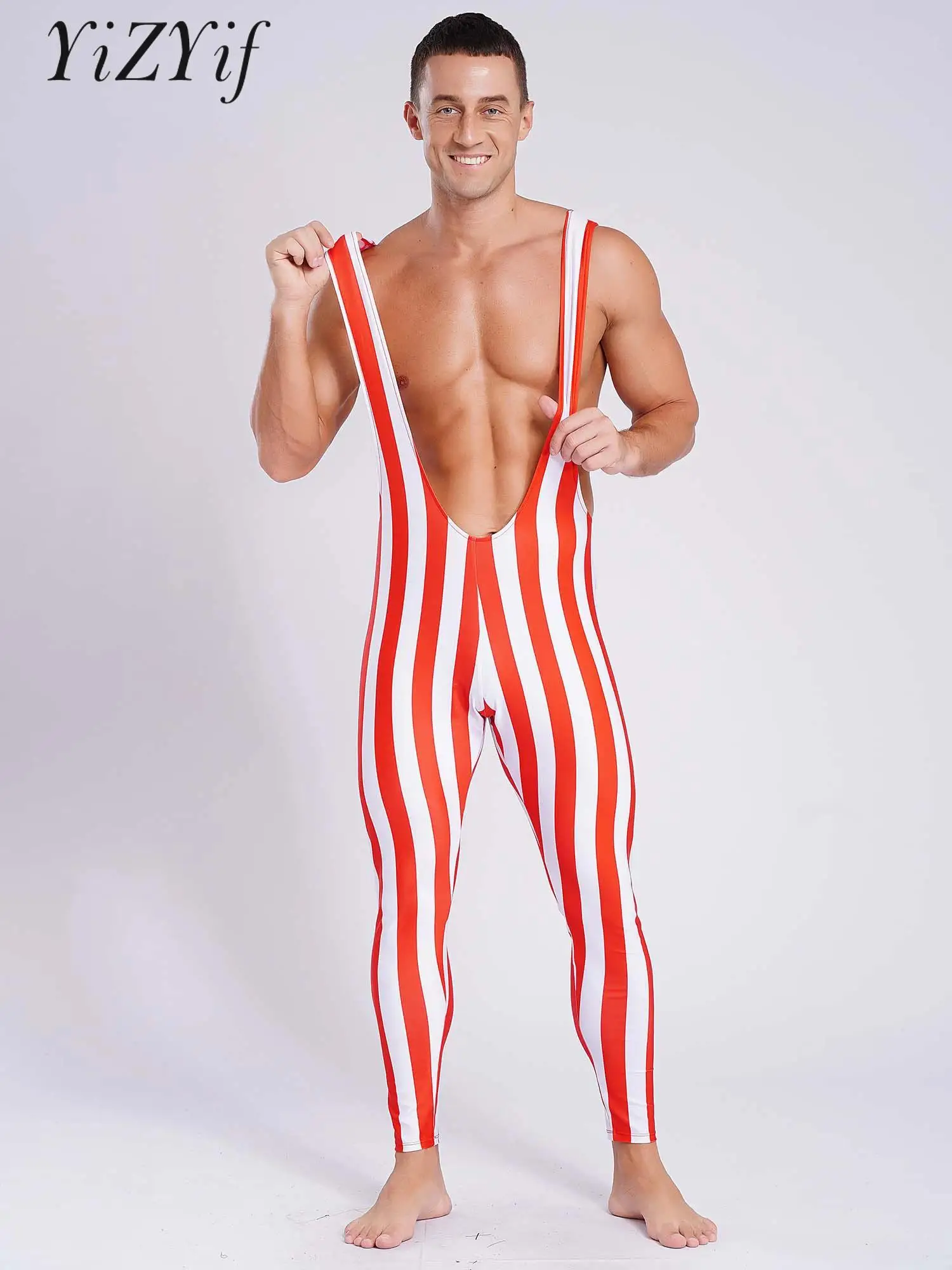 

Men Sports Surfing Fitness Short Striped Wrestling Singlet Bodybuilding Unitard Showing Muscle Jumpsuit Xmas Candy Cane Costume