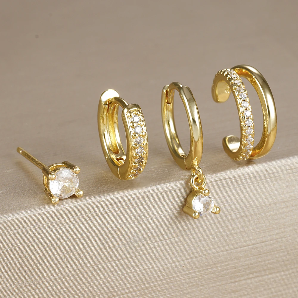 4PCS Stainless Steel Zircon Huggies Hoop Earrings Set For Women Trending Gold Plated Ear Clip Earrings Piercing Jewelry aretes