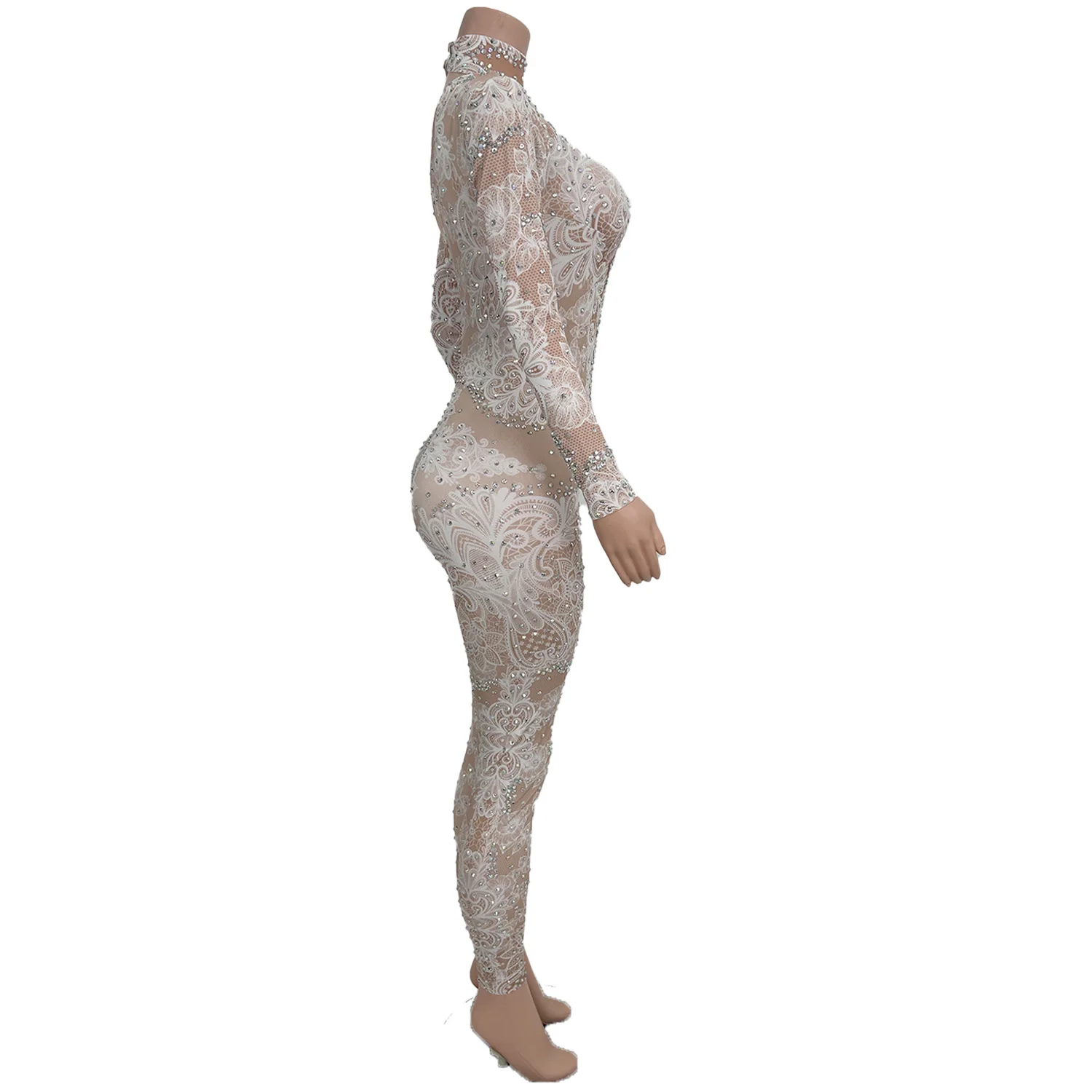 Sparkly Crystals See Through Mesh Printing Jumpsuit Nightclub Party Dance Outfit Tight Fitting Jumpsuit Sexy Women Wear Xiaobai