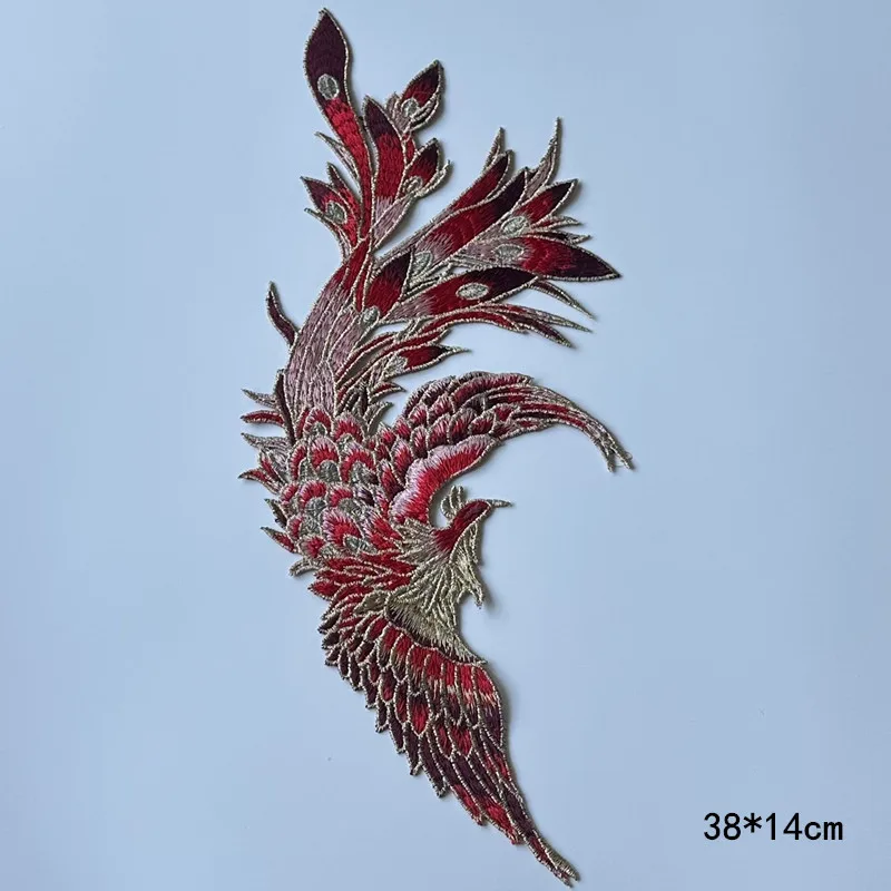 Have One Pair Chinese Style Red Phoenix Bird Sew On Embroidery Patches For Clothing Dress Applique Decoration DIY