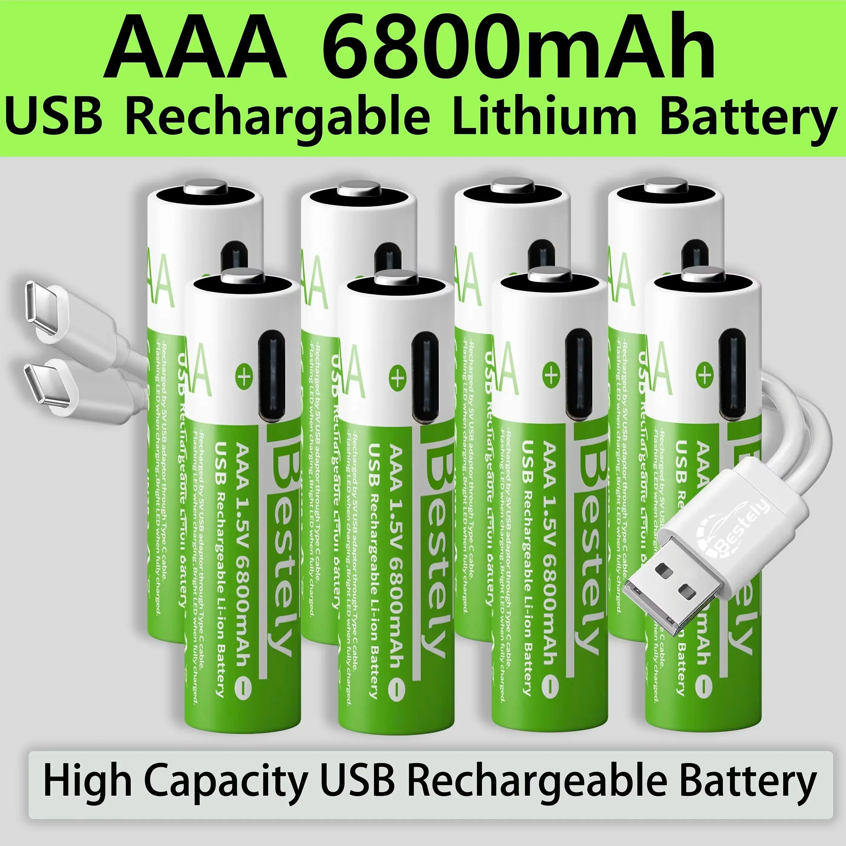 Rechargeable 1.5V AA/AAA Lithium Batteries 6800mAh/3000mAh Capacity USB AAA Li-ion Battery 2000 times cycle with cable for free