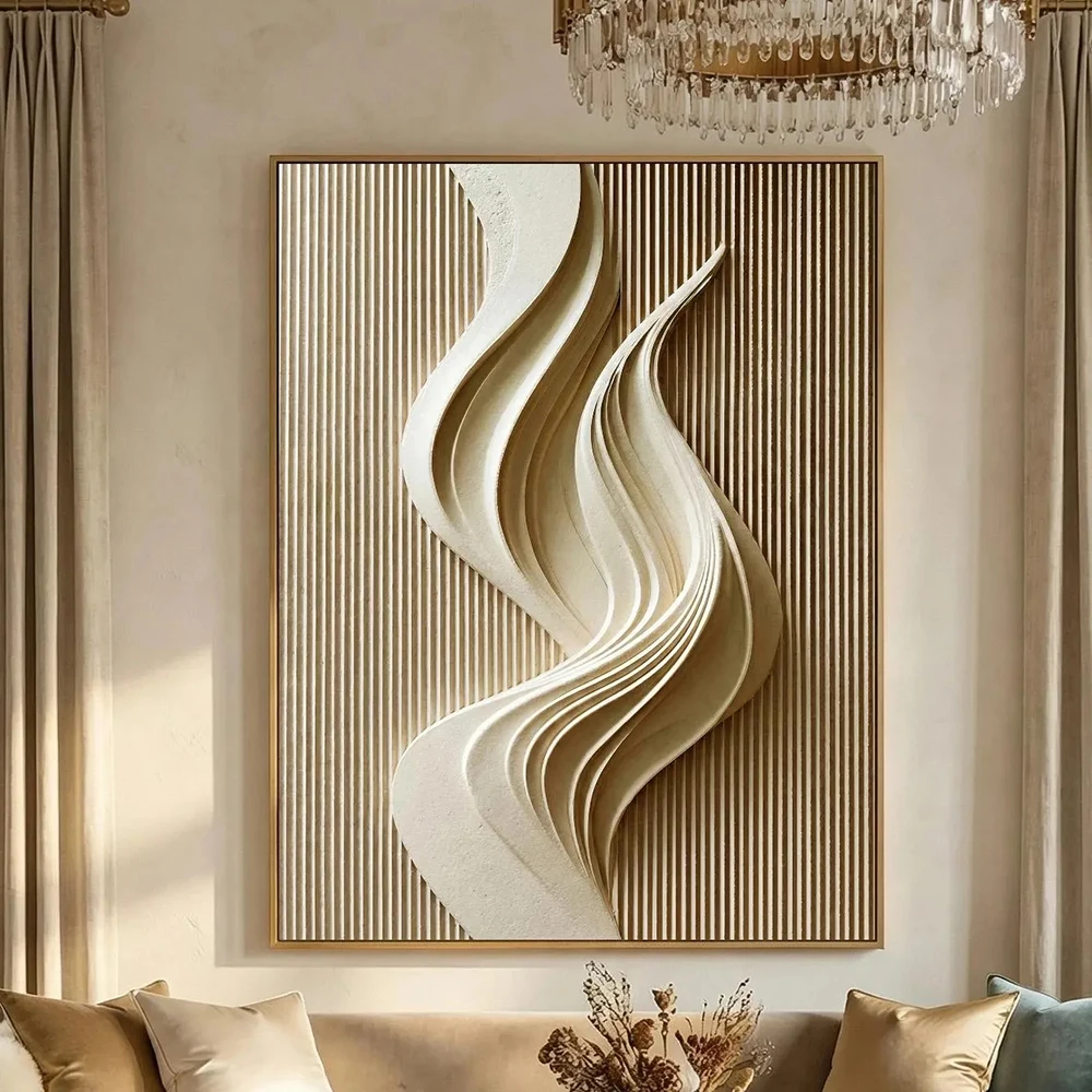 2D Flat Abstract textured wall art beige wavy relief art, minimalist modern interior painting, for living room and bedroom, no f