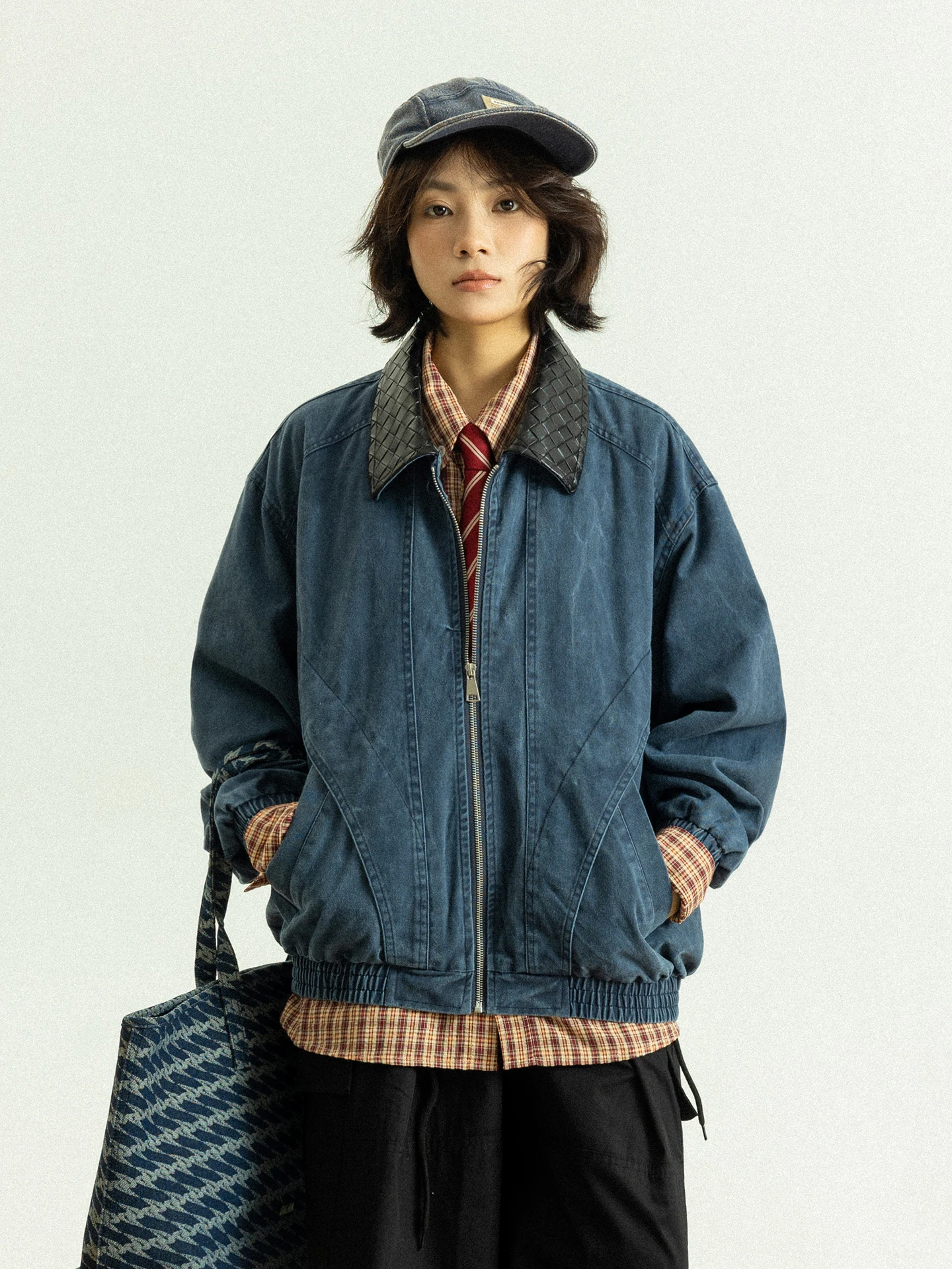 

GoodNorth Retro Woven PU Leather Collar Zipper Casual Jaet ex Barn Waed Loose Fit Cotton Spring Autumn Outerwear