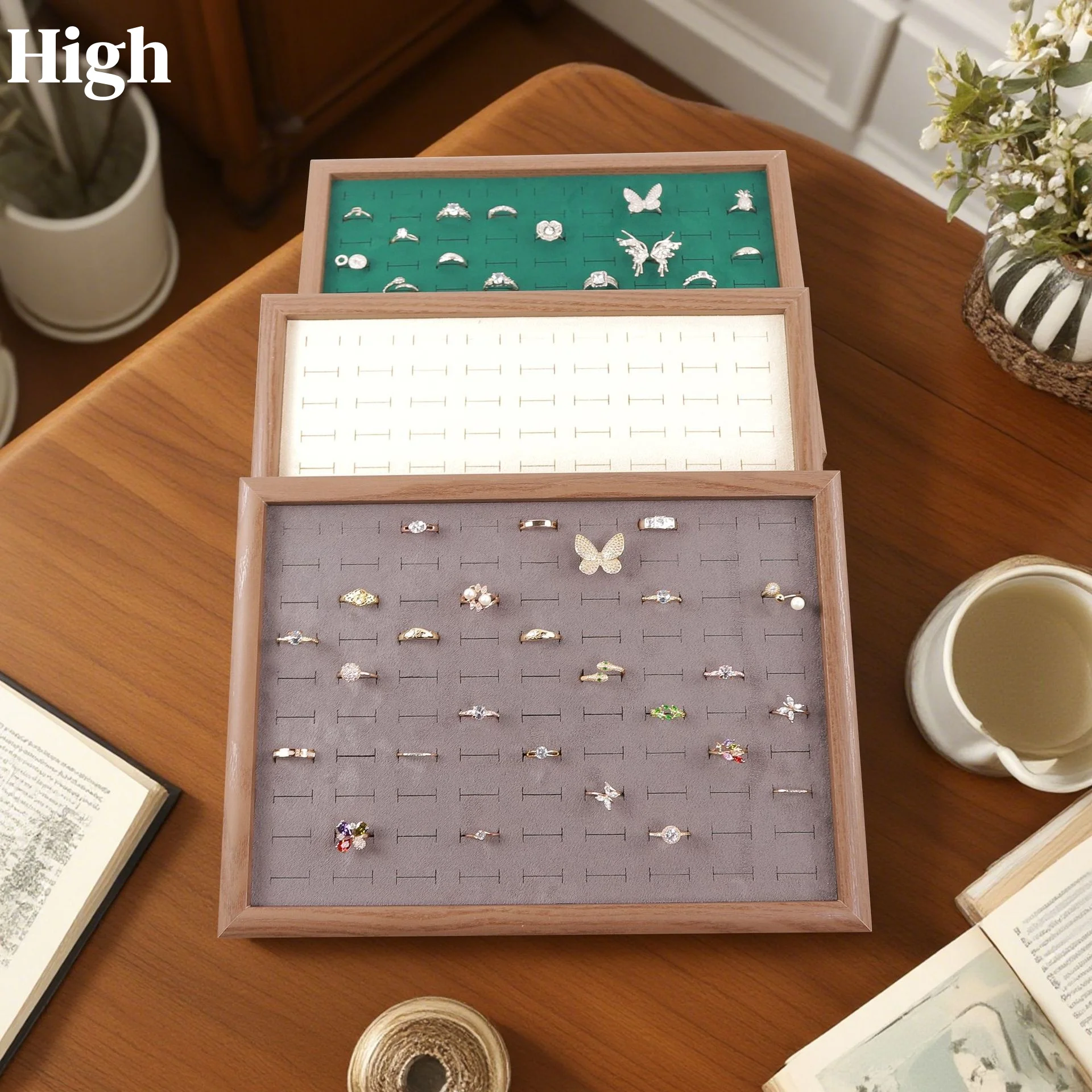 

Walnut Wood Jewelry Tray - 100-Slot Ring Organizer | Luxury Velvet-Lined Tray for Jewelry Selection, Storage & Display Walnut Je