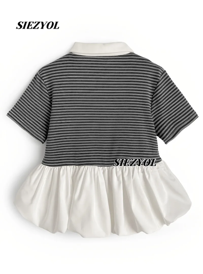 Lapel Short-sleeved T-shirt New Arrival Japanese Style Sweet Flower Bud Patchwork Stripes Contrast Color Polo Collar Tops