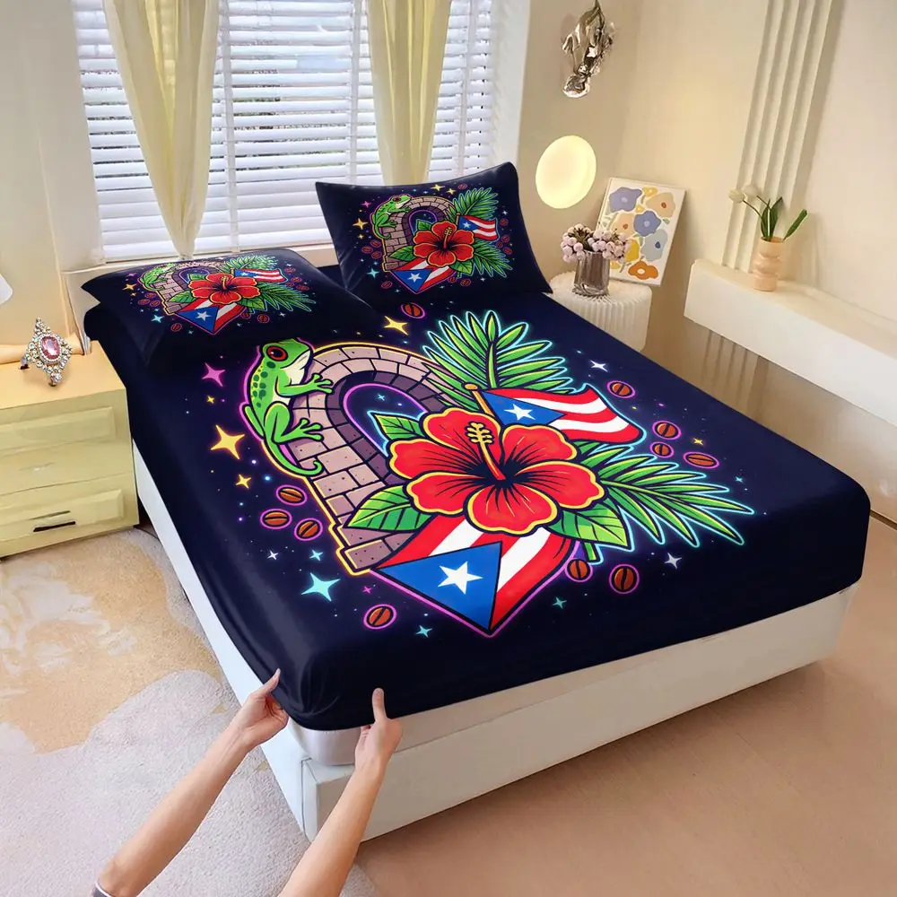 Neon 6 Bridge Frog Hibiscus Puerto Rico Flag Print Fitted Sheet Set Bed Sheet Set Digital Printing Elastic Bedding Set for Dorm