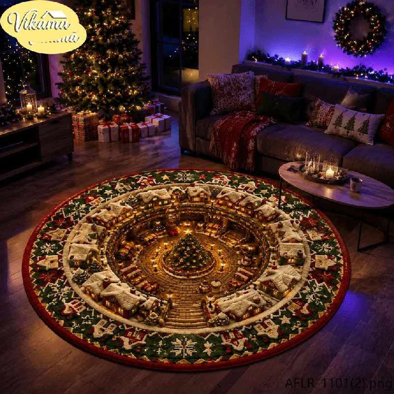 VIKAMA Round Christmas Tree 3D Visual Rug, Non-Slip Holiday Party Decorative Mat, Living Room and Bedroom Carpet, Home Decor