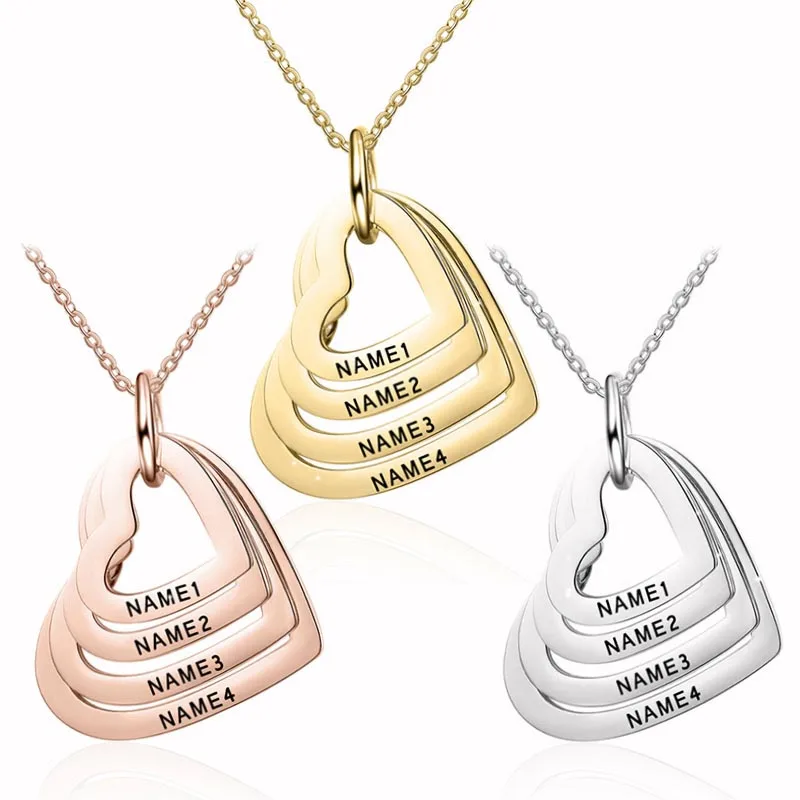 Custom  Multiple Heart Necklace Personalized Stainless Steel  Customized Engraved Name Jewelry with Family Names Gift