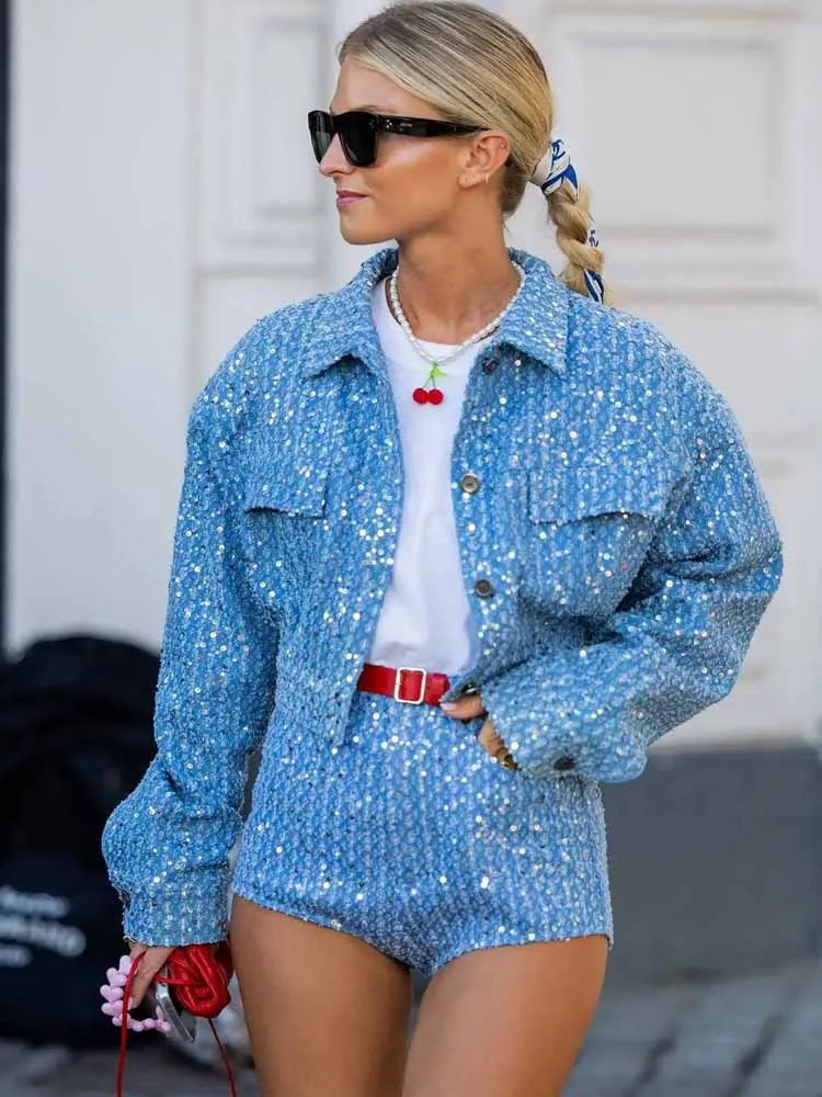 BKQU Pailletten Denim Tweedelige Shorts Set Damesmode Lange Mouw Zakjas En Jean Shorts 2025, Luxe Party Club Outfits
